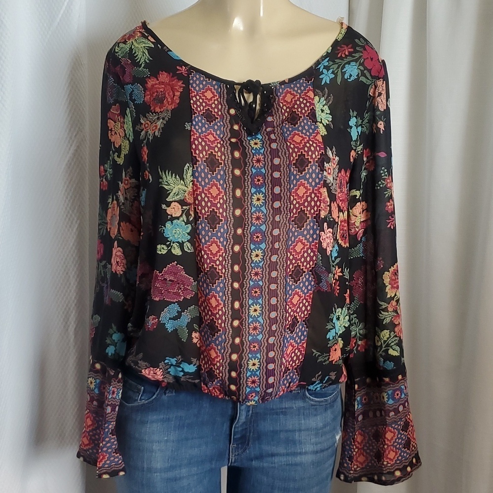 New Wt American Rag Cie Black Floral Lightweight Long Sleeve Blouse Top Size M